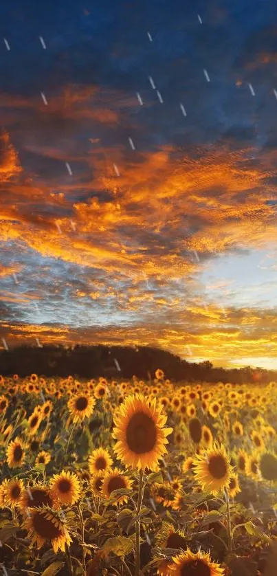 Sunflowers in a field during sunset with vibrant orange skies.