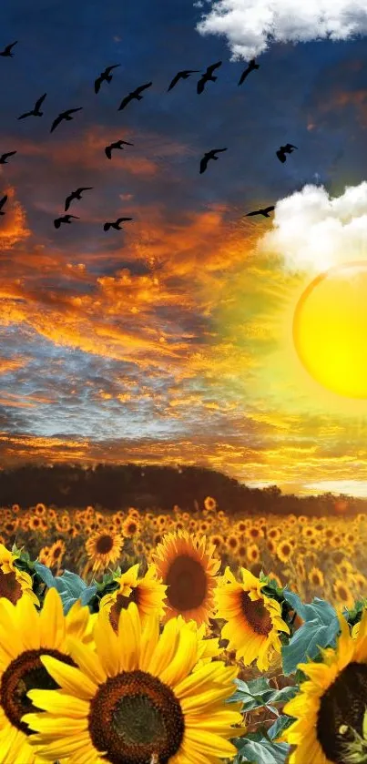 Sunflower field under a dramatic sunset sky with birds and a glowing sun.