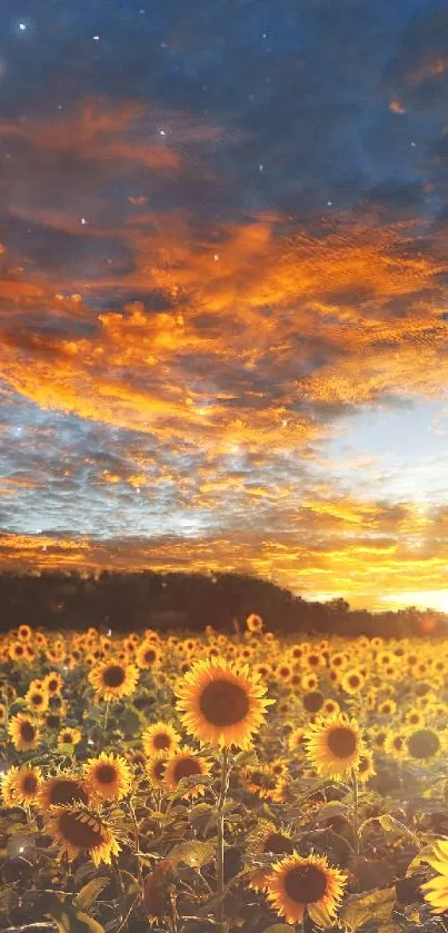 Sunset over a sunflower field creating a vibrant and dramatic mobile wallpaper.