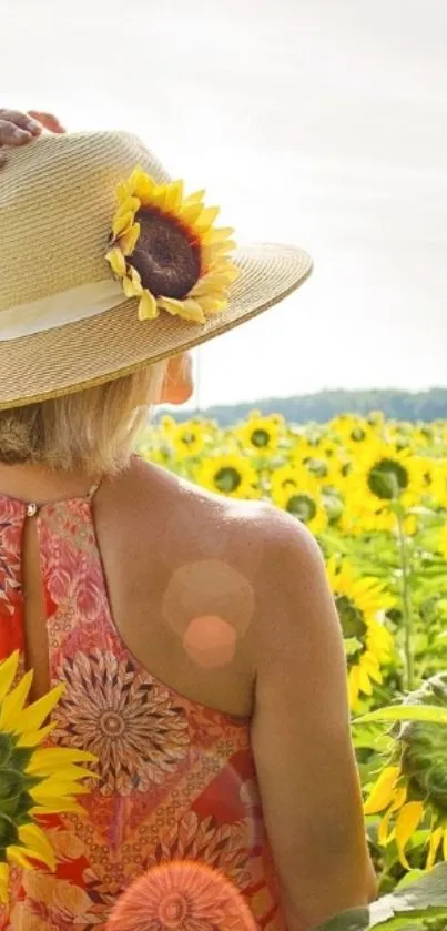 Woman in sunflower field wearing a sun hat on a bright sunny day.