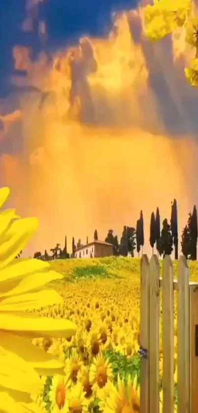 Vibrant sunflower field with golden skies and wooden fence.