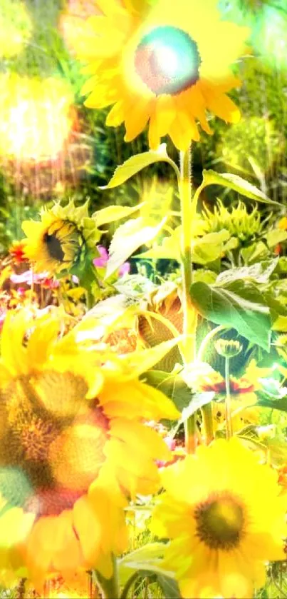 Vibrant sunflower field with a lush green background.