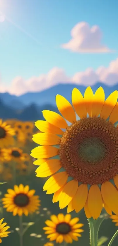 Vibrant sunflower field under a bright blue sky with clouds and mountains.