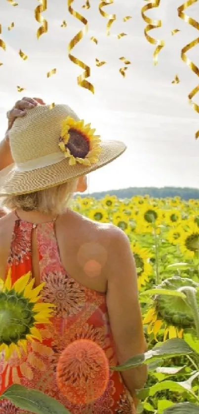 Woman in sunflower field under blue sky with ribbon decorations.
