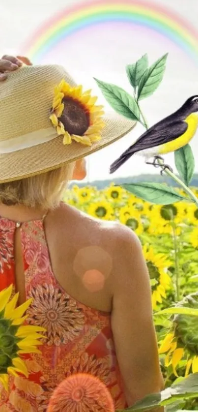 Woman in sunflower field with rainbow and bird in vibrant summer scene.