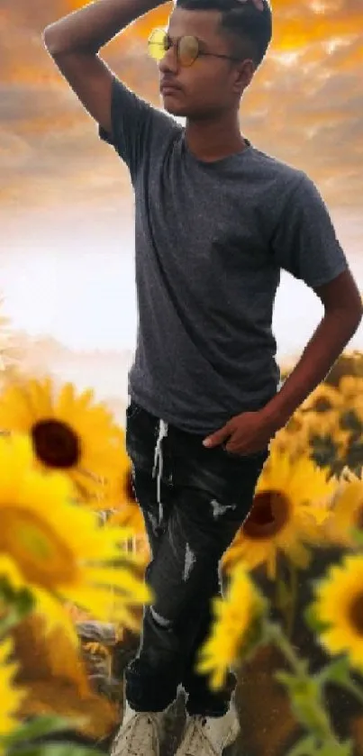 Silhouette in sunflower field under a golden sunset sky.