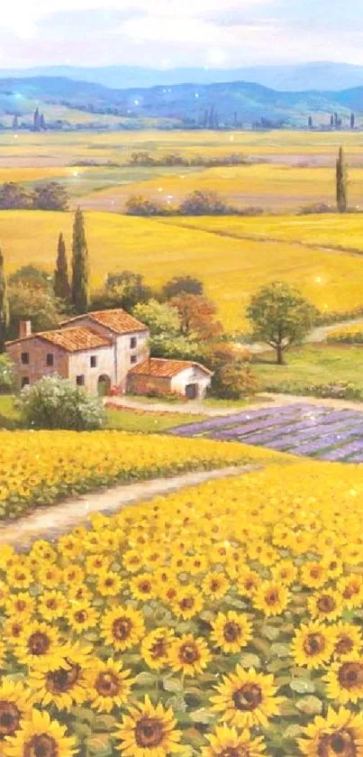 Sunflower field and hills in a scenic painting.