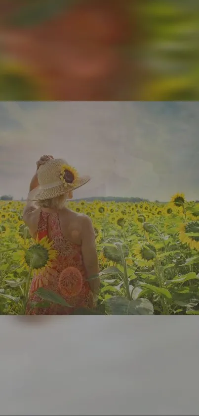 Woman in a vibrant sunflower field on a sunny day.