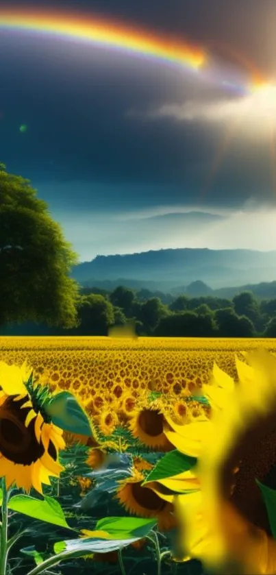 Sunflower field with a vibrant rainbow in a serene landscape scene.