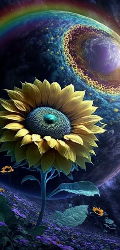 Vivid sunflower in cosmic galaxy artwork with radiant hues.