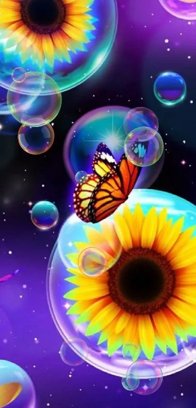 Vibrant galaxy-themed mobile wallpaper with sunflowers and butterflies.