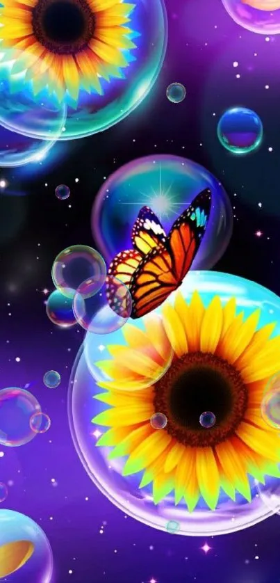 Sunflower and butterfly in a cosmic galaxy wallpaper featuring vibrant colors.