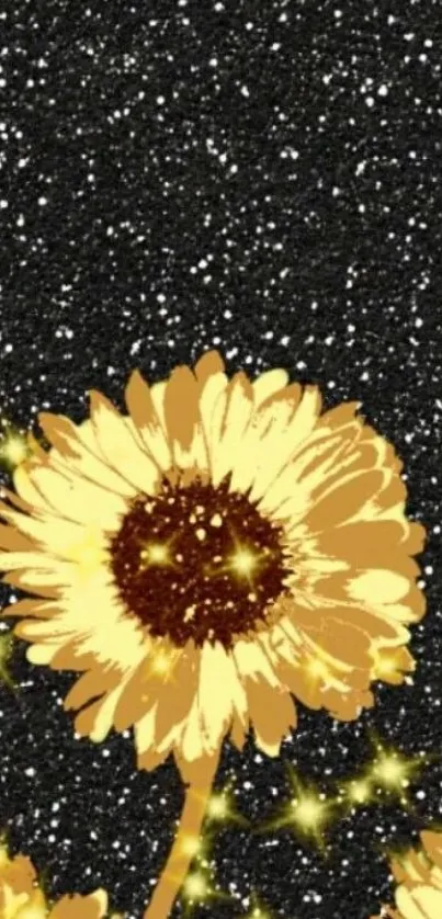 Sunflower wallpaper with a galaxy-inspired black, starry background.