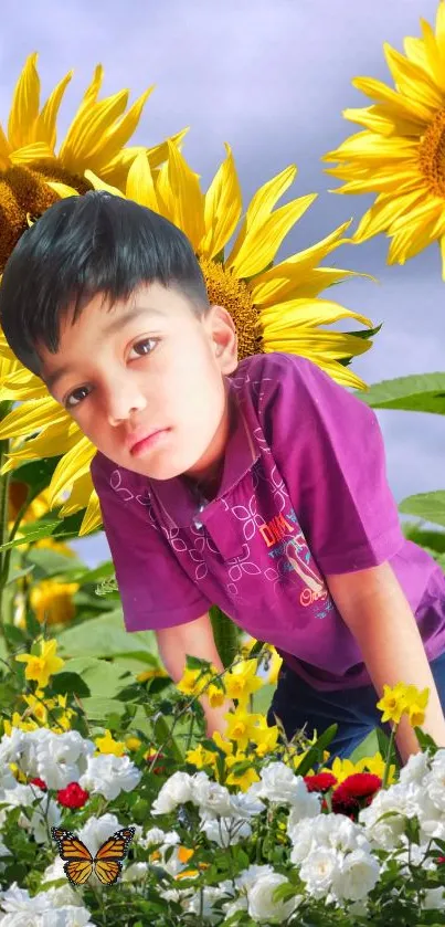 Child in a vibrant sunflower garden with a colorful floral background.