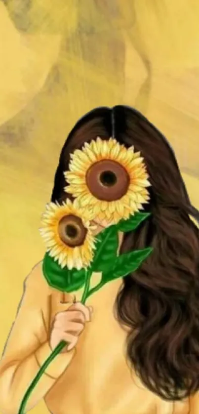 Mobile wallpaper with a girl holding sunflowers on a yellow background.