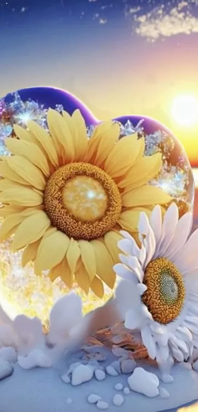 Sunflowers in a heart shape on a beach during sunset.