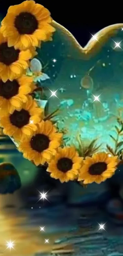 Sunflower-accented heart glowing in a starry night scene.