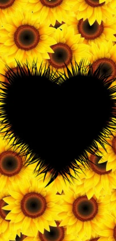 Black heart with yellow sunflowers background