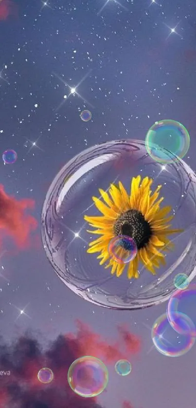 Sunflower encased in a bubble against a purple starry sky.