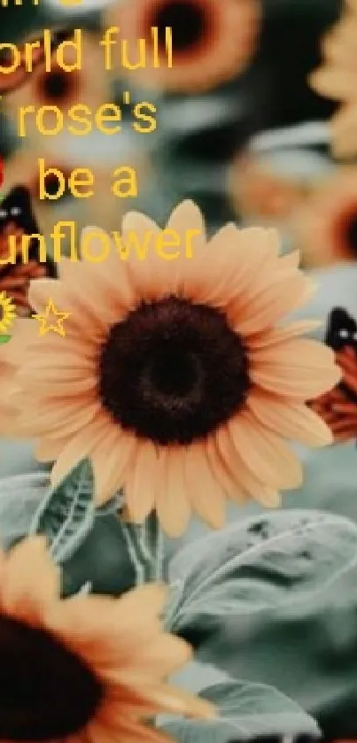 Inspirational sunflower wallpaper with butterflies and a motivational quote.