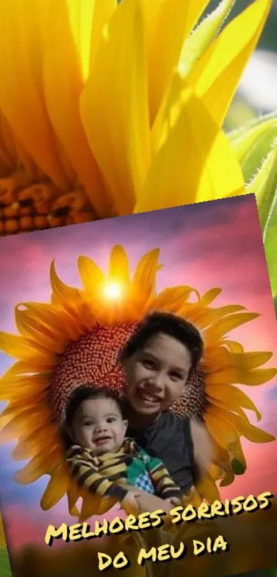 Joyful smiles with sunflower backdrop on a vibrant mobile wallpaper.