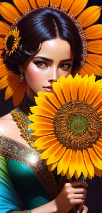 Artistic wallpaper of a woman with sunflowers, vibrant and colorful design.