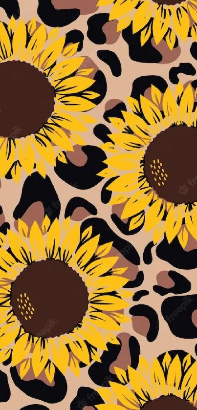 Vibrant sunflower and leopard print mobile wallpaper design.