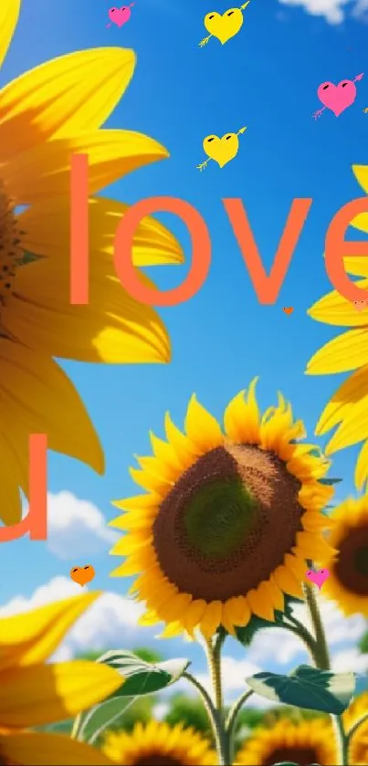 Sunflower wallpaper with 'I love u' text against a blue sky.