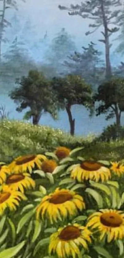 Sunflowers and trees in a misty meadow wallpaper.