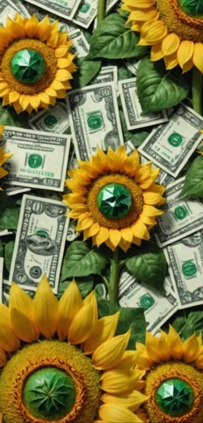 Sunflower and dollar bill pattern wallpaper with vibrant colors.