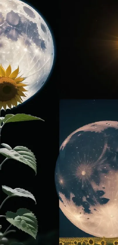 Sunflower set against a moonlit collage with a dark cosmic background.