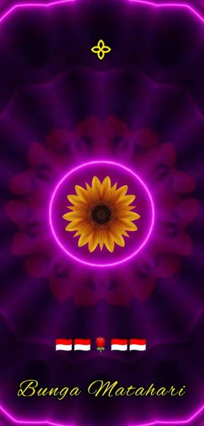 Neon sunflower with vibrant purple glow on wallpaper.