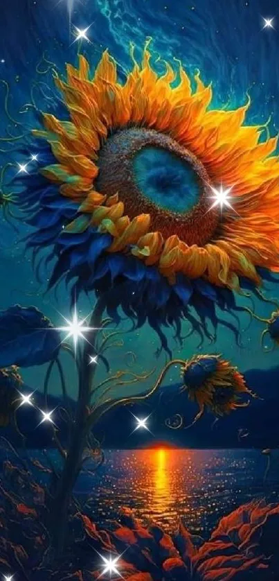 Vibrant sunflower glowing at night with a starry sky and reflection on water.