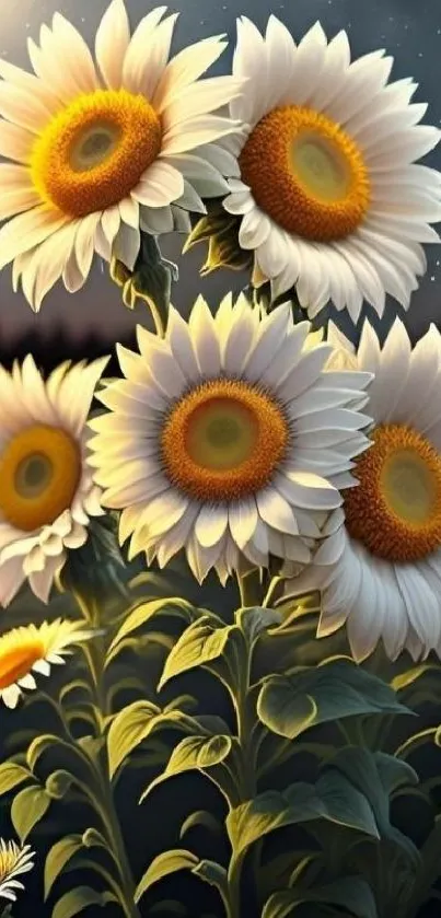 Beautiful sunflowers under a starry night sky in an artistic wallpaper design.