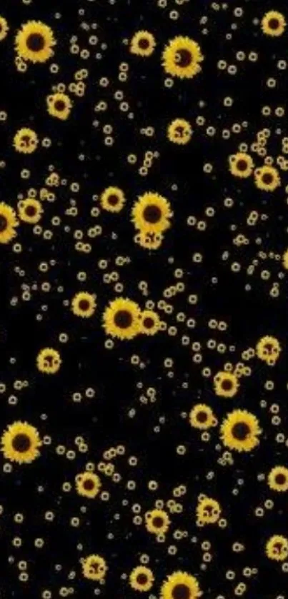 Charming sunflower pattern on a black mobile wallpaper background.