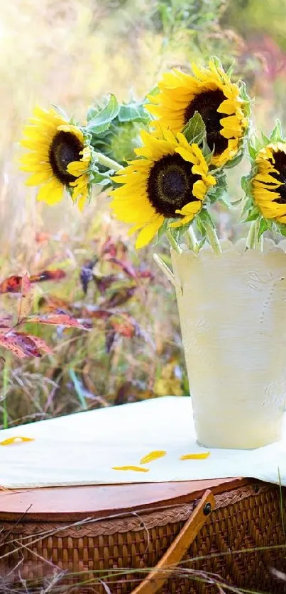 Vase of sunflowers on picnic table in nature.