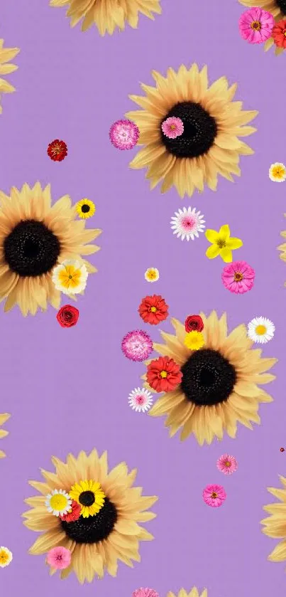 Sunflower wallpaper with purple background and vibrant floral design.