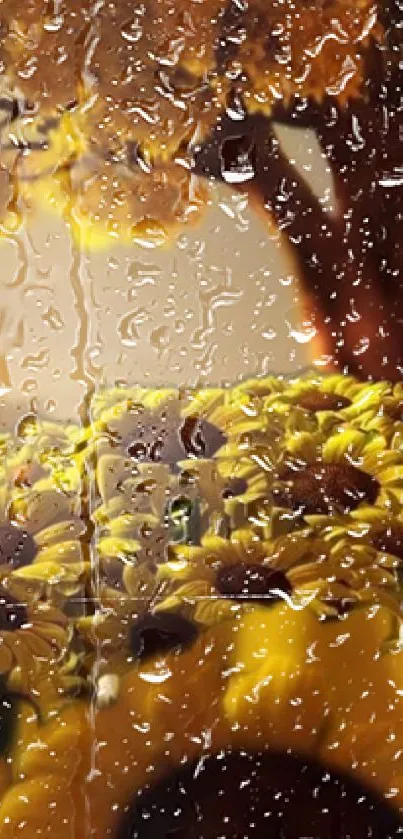 Sunflowers behind a rain-covered window, creating a natural and serene mobile wallpaper.