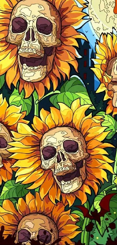 Sunflowers with skull faces in a haunting Halloween theme.