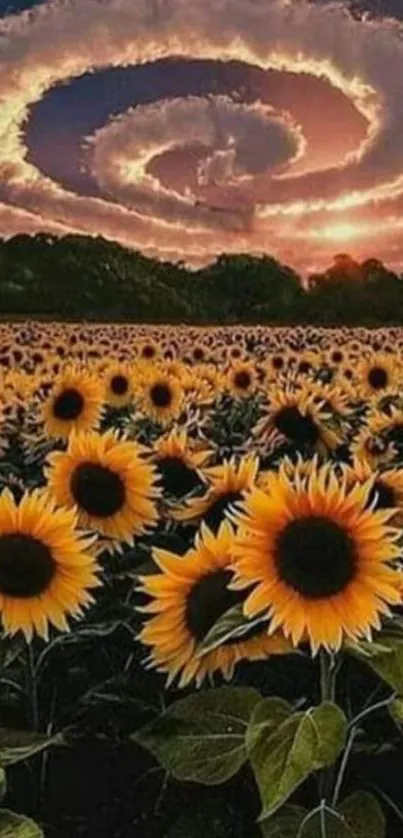 Sunflower field with spiral clouds at sunset showcasing vibrant colors.