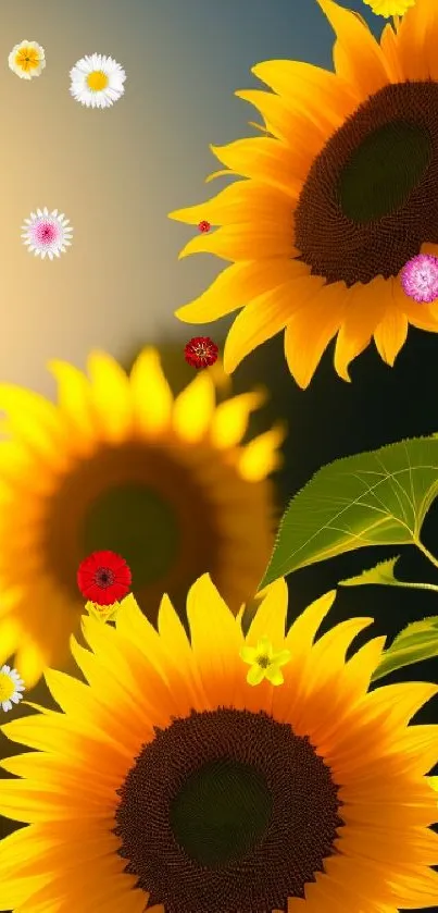 Sunflowers illuminated by sunrise on a mobile wallpaper.