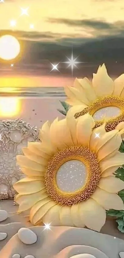 Sunflowers on a serene beach at sunset with ocean view.