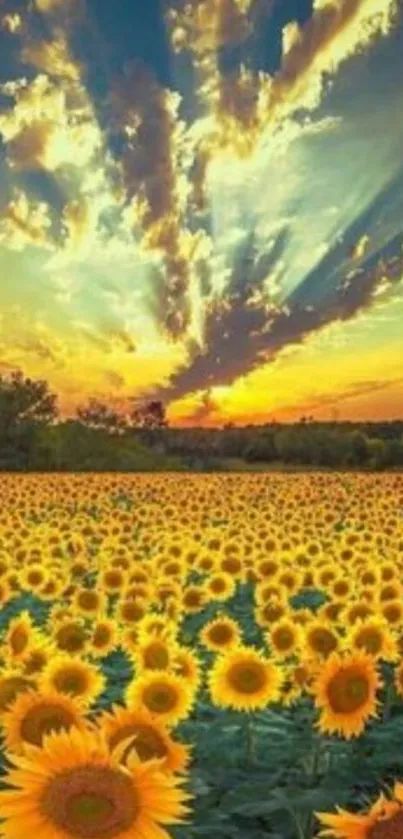 Field of sunflowers under a captivating sunset sky.