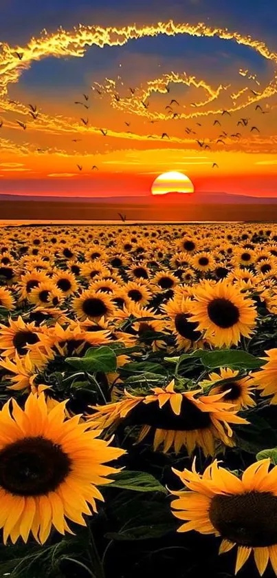 Sunflower field at sunset with vibrant sky and flying birds.