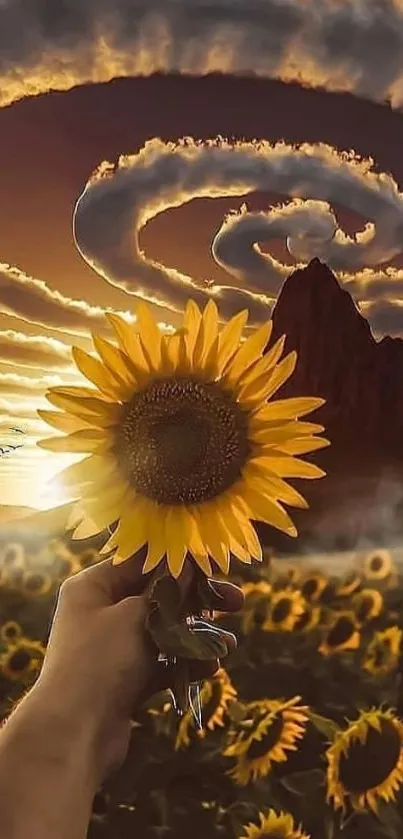 Sunflower held against a surreal sunset sky with spiral clouds.