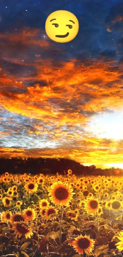 Sunflowers at sunset with a winking emoji in vibrant orange and blue hues.