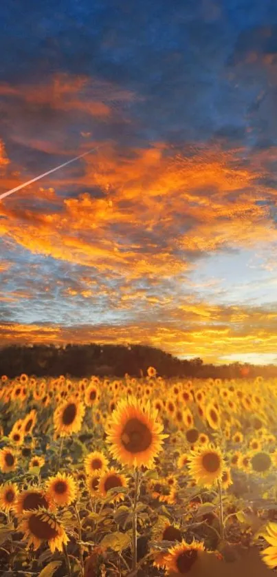 Field of sunflowers under a vibrant orange sunset sky.