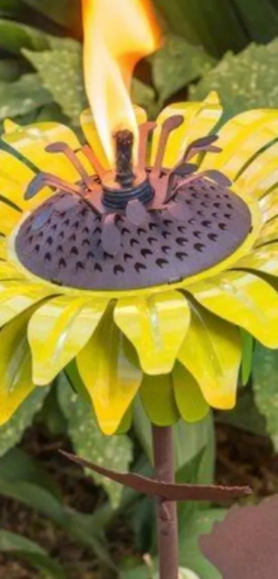 Vibrant sunflower torch in a garden setting with greenery.