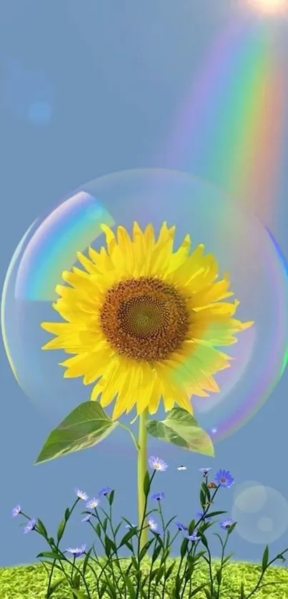 Sunflower on grassy hill with rainbow under clear sky.