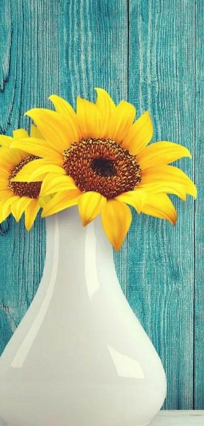 Vibrant sunflowers in a vase on teal wood wall.